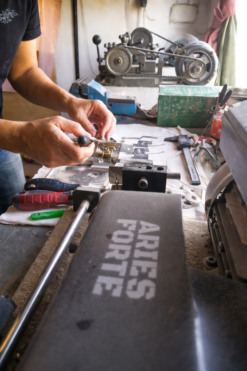Manos de cerrajera armando mecanismo interno de cerradura de seguridad
